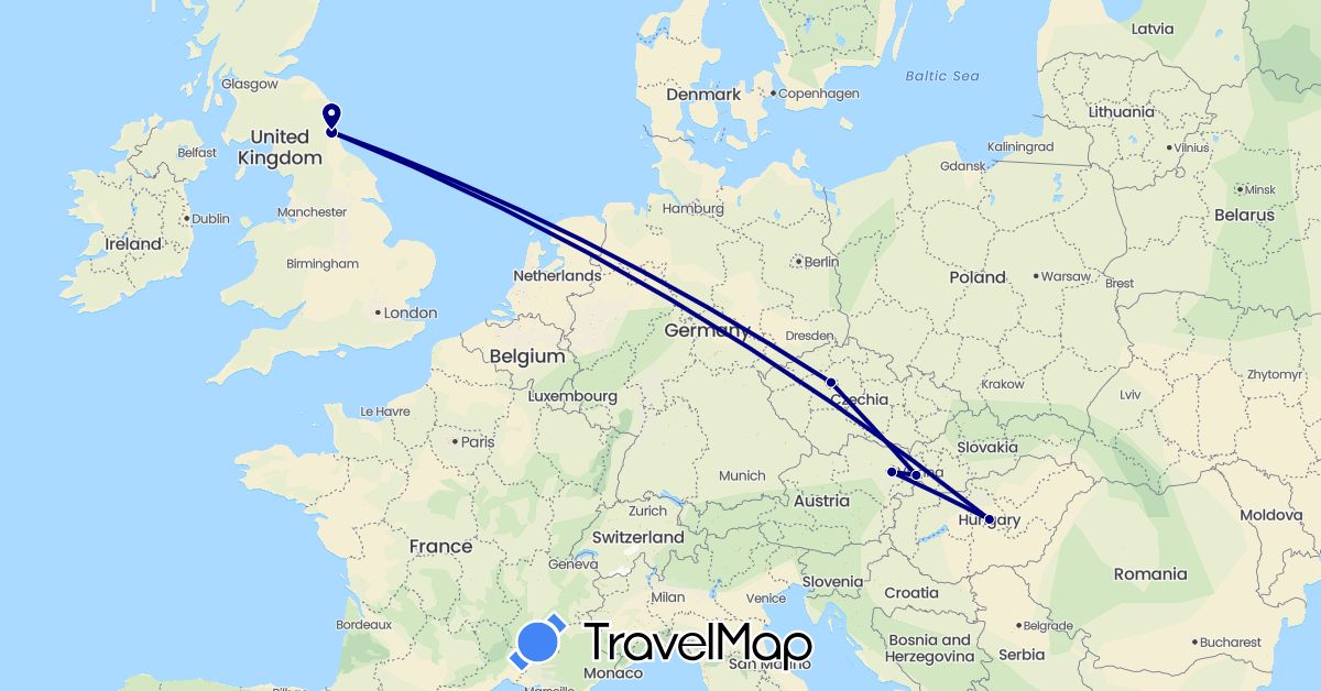 TravelMap itinerary: driving in Austria, Czech Republic, United Kingdom, Hungary, Slovakia (Europe)